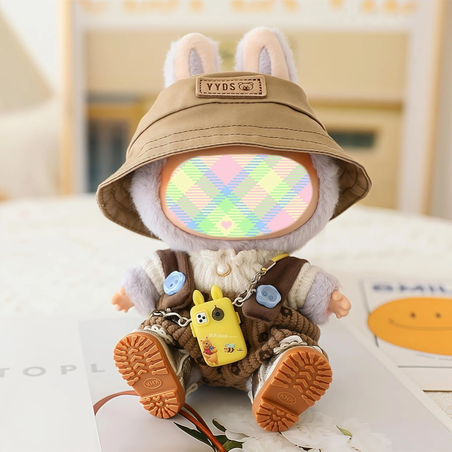 Clothes for Dolls Accessories (No Doll), Cute Outfit Set 5 Pieces Bib Pants for 15 & 17cm Doll Suit, Stylish Dress Up Overalls Doll Clothing Set Replacement with Hat Clothes Shoes Brown