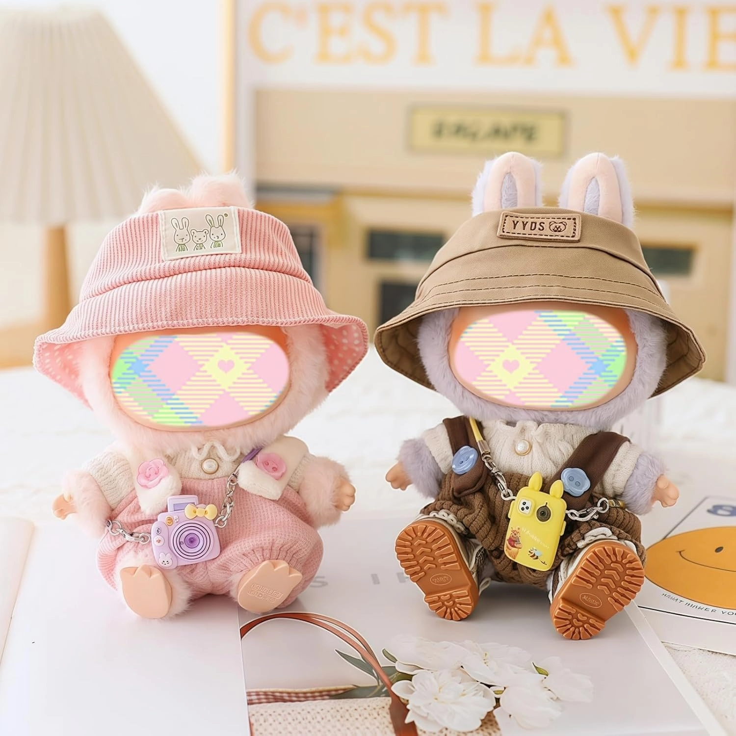 Clothes for Dolls Accessories (No Doll), Cute Outfit Set 5 Pieces Bib Pants for 15 & 17cm Doll Suit, Stylish Dress Up Overalls Doll Clothing Set Replacement with Hat Clothes Shoes Brown