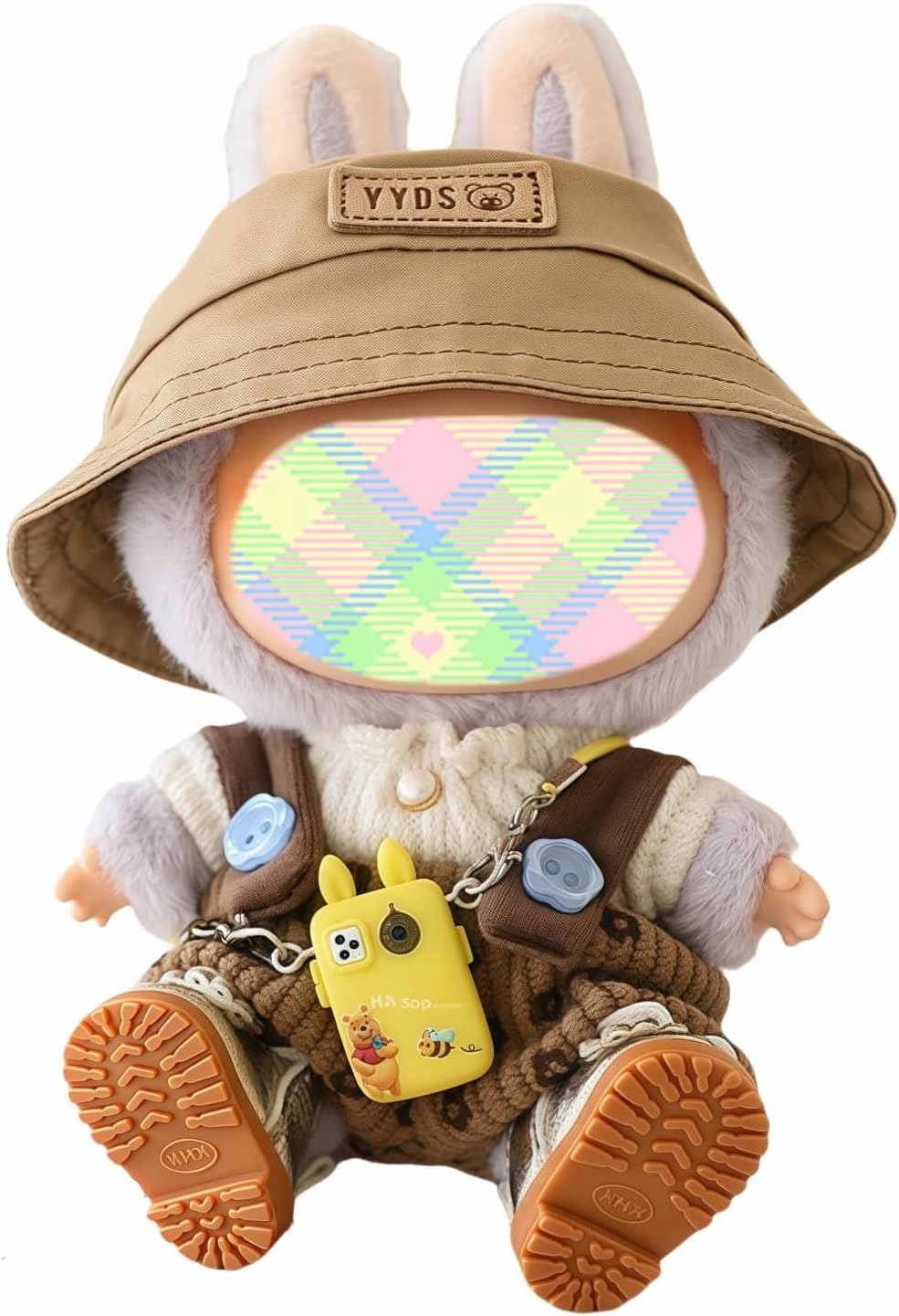 Clothes for Dolls Accessories (No Doll), Cute Outfit Set 5 Pieces Bib Pants for 15 & 17cm Doll Suit, Stylish Dress Up Overalls Doll Clothing Set Replacement with Hat Clothes Shoes Brown