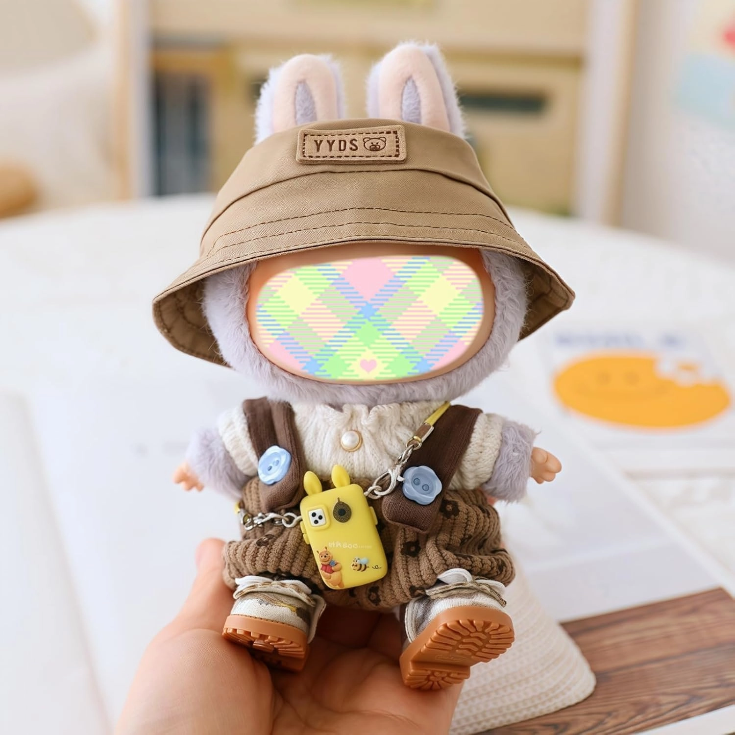 Clothes for Dolls Accessories (No Doll), Cute Outfit Set 5 Pieces Bib Pants for 15 & 17cm Doll Suit, Stylish Dress Up Overalls Doll Clothing Set Replacement with Hat Clothes Shoes Brown