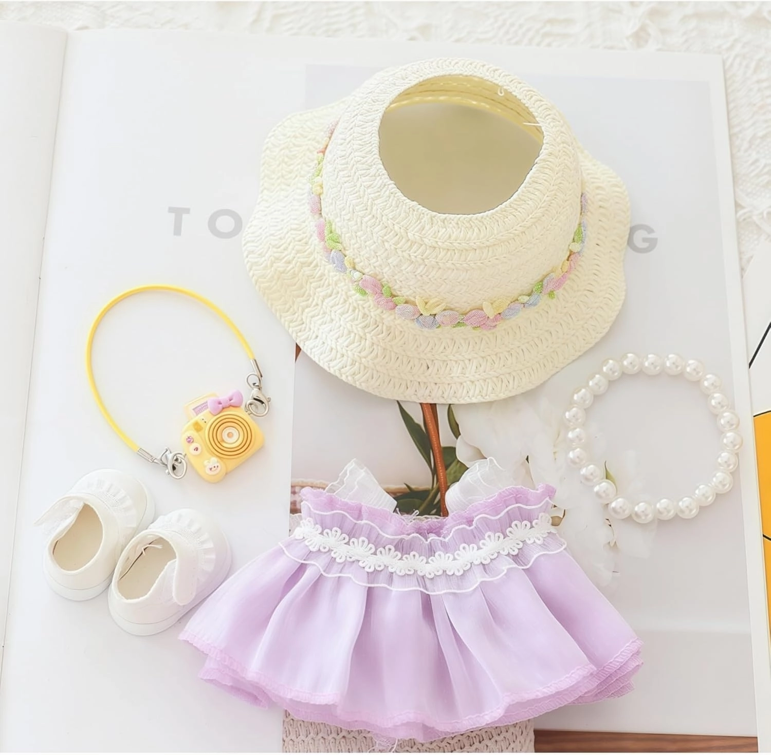 Clothes for Dolls Accessories, Outfit Set 5 Pieces Gauze Dress for 15cm 17cm Doll (No Doll), Romantic Hat Skirt Shoes Doll Clothing Set Replacement Purple