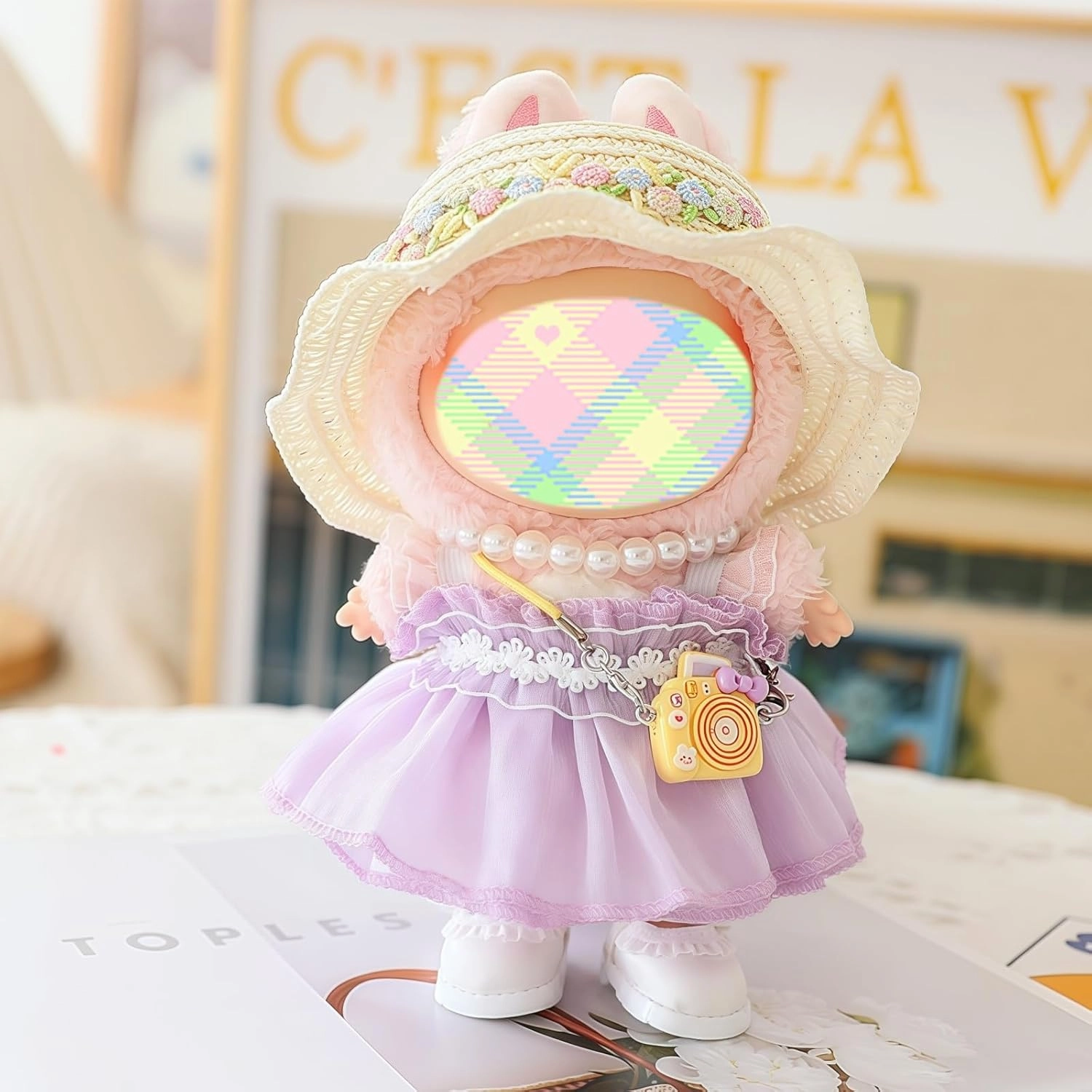 Clothes for Dolls Accessories, Outfit Set 5 Pieces Gauze Dress for 15cm 17cm Doll (No Doll), Romantic Hat Skirt Shoes Doll Clothing Set Replacement Purple