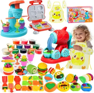 Color Dough Sets for Kids Ages 2-4, Play Tool 3-in-1 Ice Cream, Noodle & Hamburger Maker Accessories Kit, Kitchen Creations Food Toys for Boys and Girls, Arts & Crafts Gifts for Toddlers