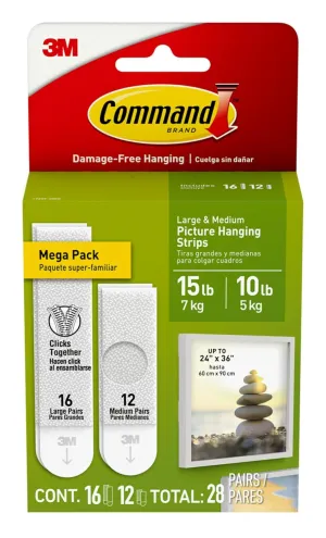 Command 15 lb & 10 lb Large and Medium Picture Hanging Strips 28 Assorted Pairs (56 Command Strips), Damage Free Hanging Picture Hangers, Wall Hanging Strips for Home Decor, White Adhesive Strips