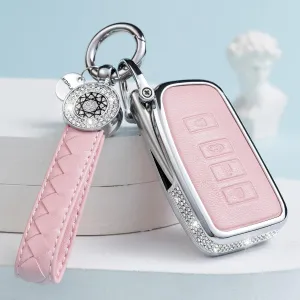 Compatible with Lexus Key Fob Cover with Keychain Leather Crystal 360 Degree Protection Key Shell Case for RX ES GS LS NX RS GX LX RC LC Smart Key-Pink