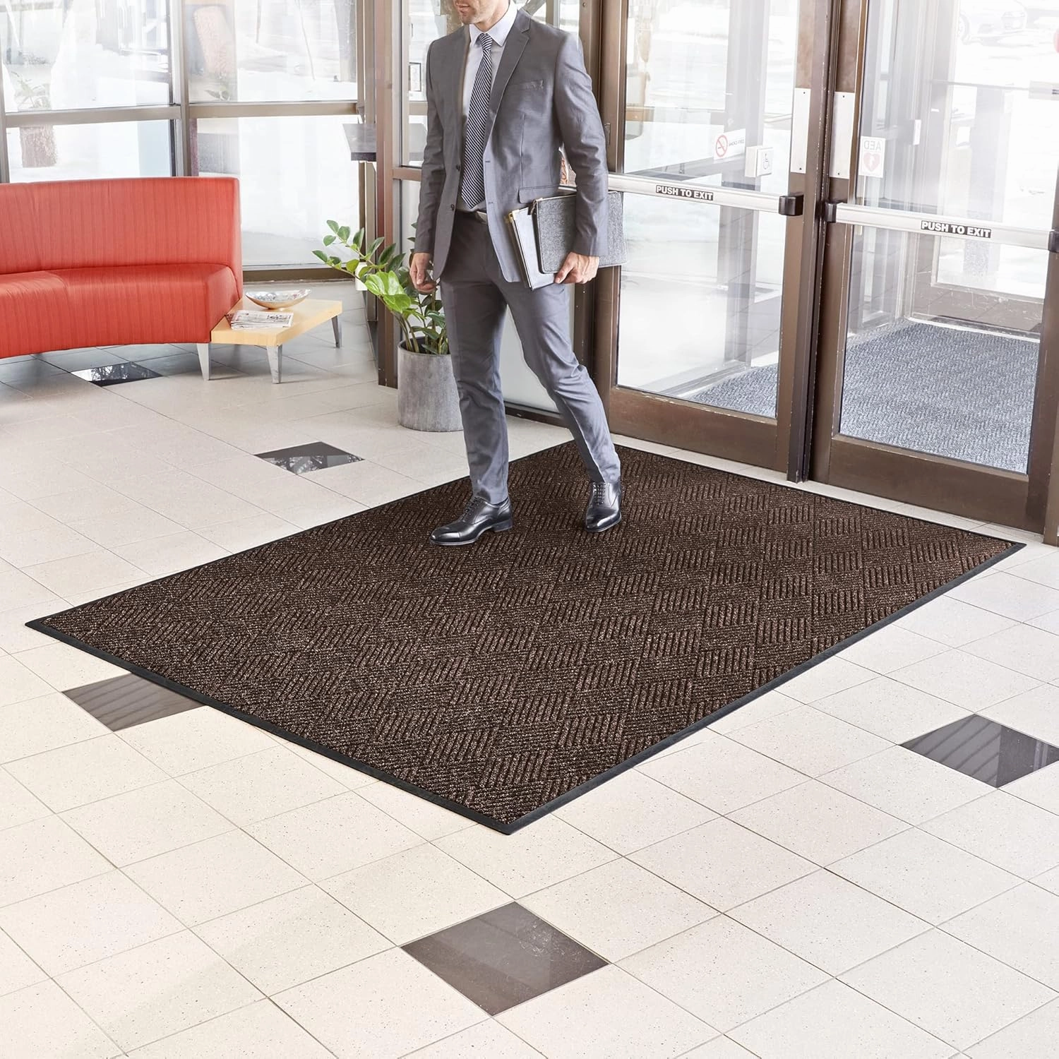 Consolidated Plastics Aquasorb Premiere Entrance Floor Mat with Non-Slip Rubber Backing, Absorbs Water, 30 Oz Heavy Duty Carpet Rug Commercial Grade (24" x 35", Brown)