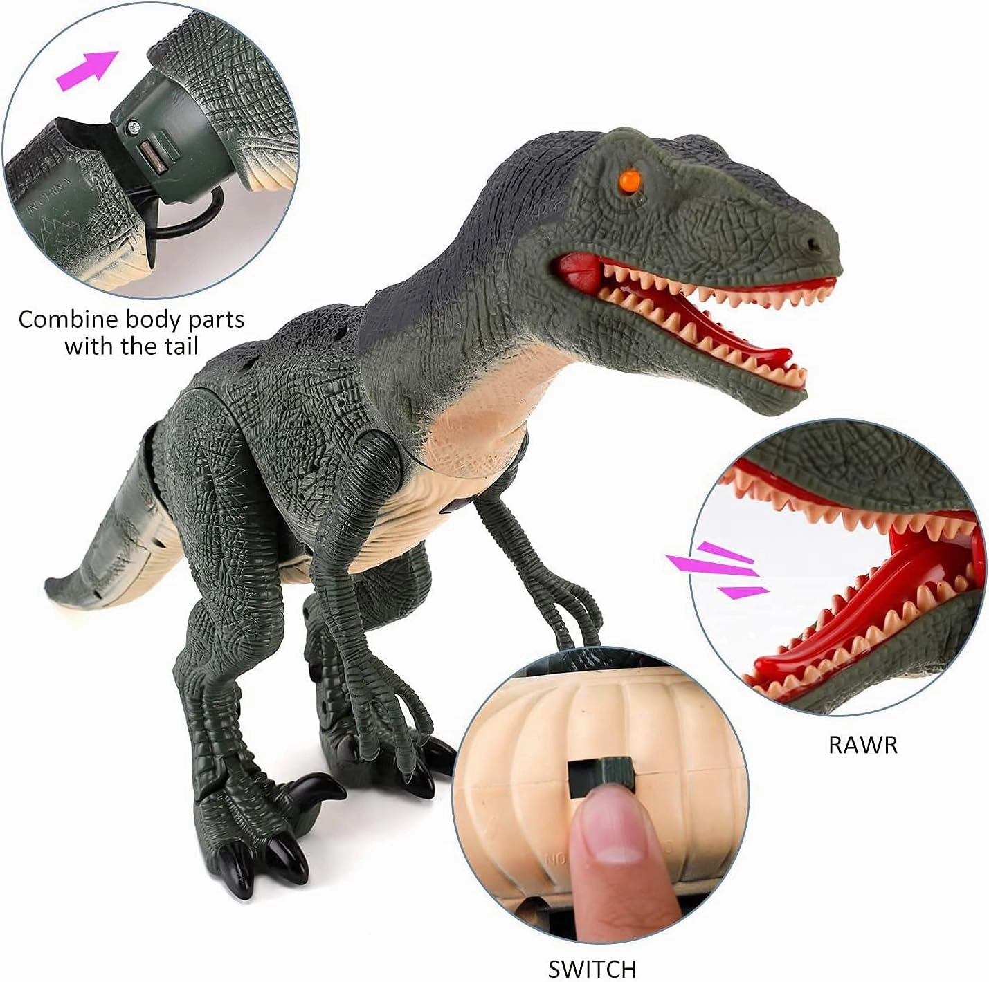 Contixo Remote Control Dinosaur Toy - Walking Velociraptor with Light-Up Eyes & Roaring Effect, 2.4GHz Simulation RC Robot Dinosaur for Boys & Girls Ages 4-12, DR1