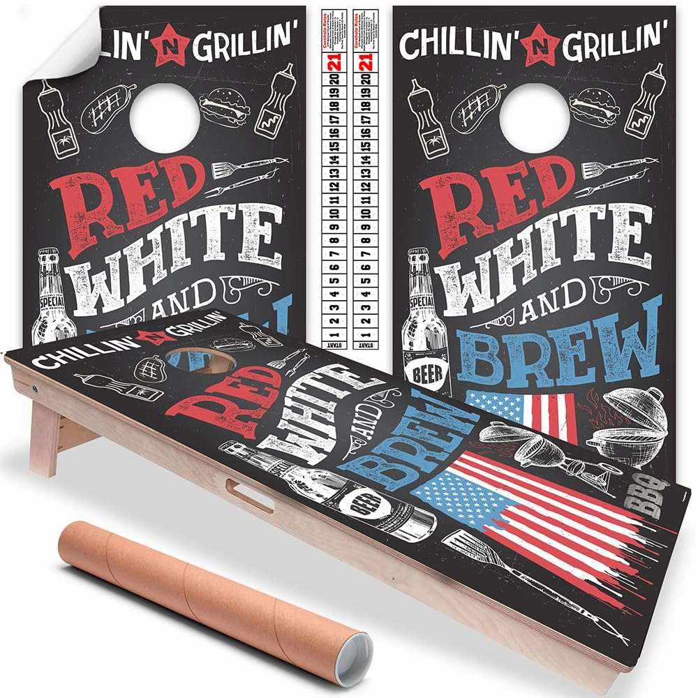 Cornhole Board Wraps and Decals for Boards Set of 2 Skins Professional Vinyl Covers Sticker Red White and Brew Beer American Flag Chalkboard Style Cornhole Wraps Cornhole Skins Wraps for Boards