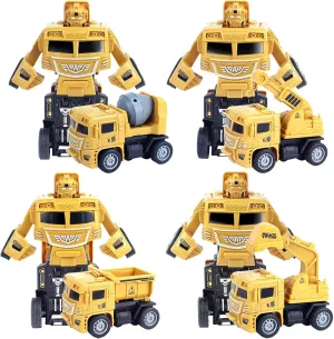 CORPER Toys 4-Pack Construction Truck Toys Set with Dump Digger Excavator Cement Mixer Truck Friction Powered Car Robot Transform Construction Vehicle for Kids Gift Set