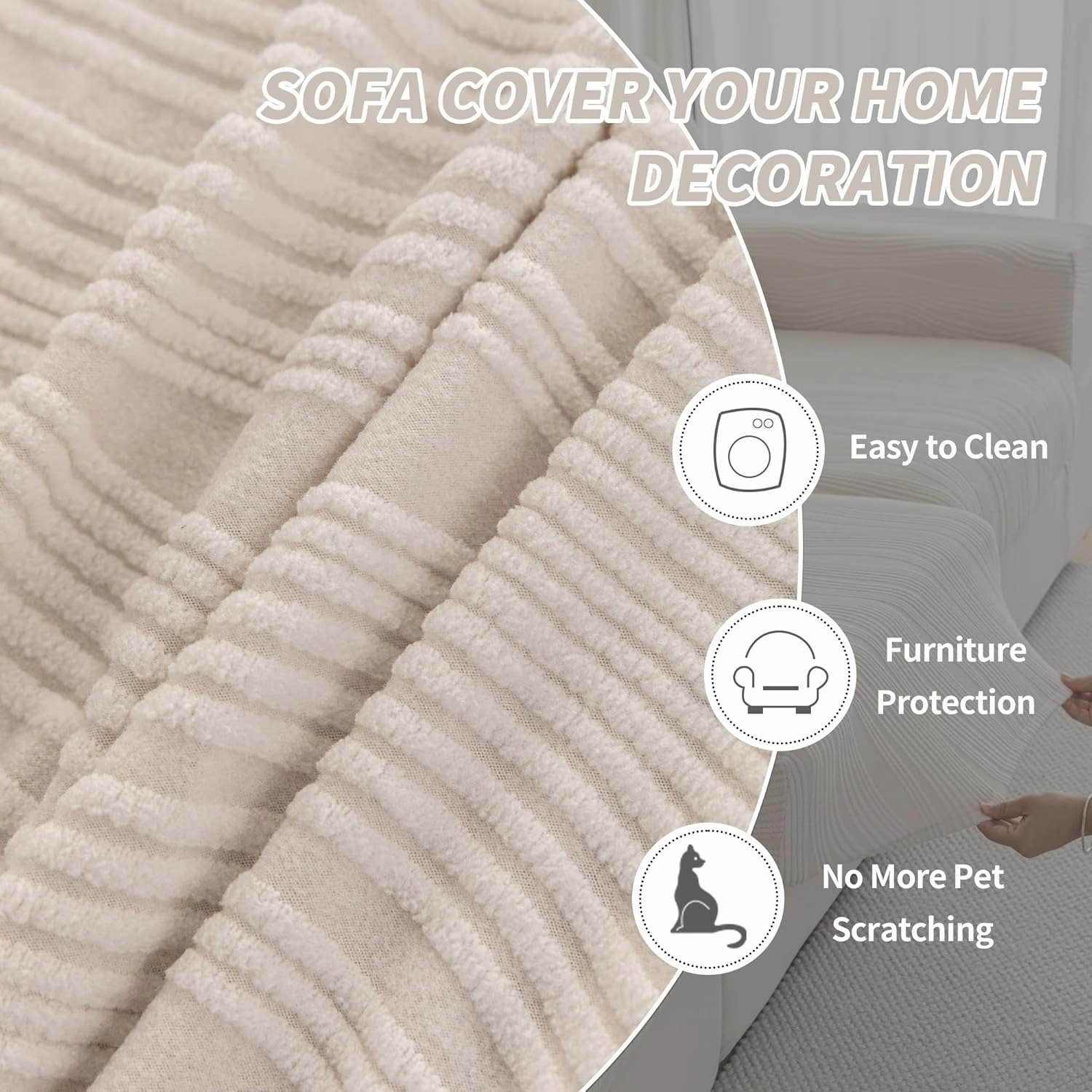 Couch Cushion Covers, Super Stretch Washable Sofa Slipcovers for L Shaped & Modular Seats, Pet-Friendly Furniture Protector with Stripe Design, (1PC Back Cover, Ivory)