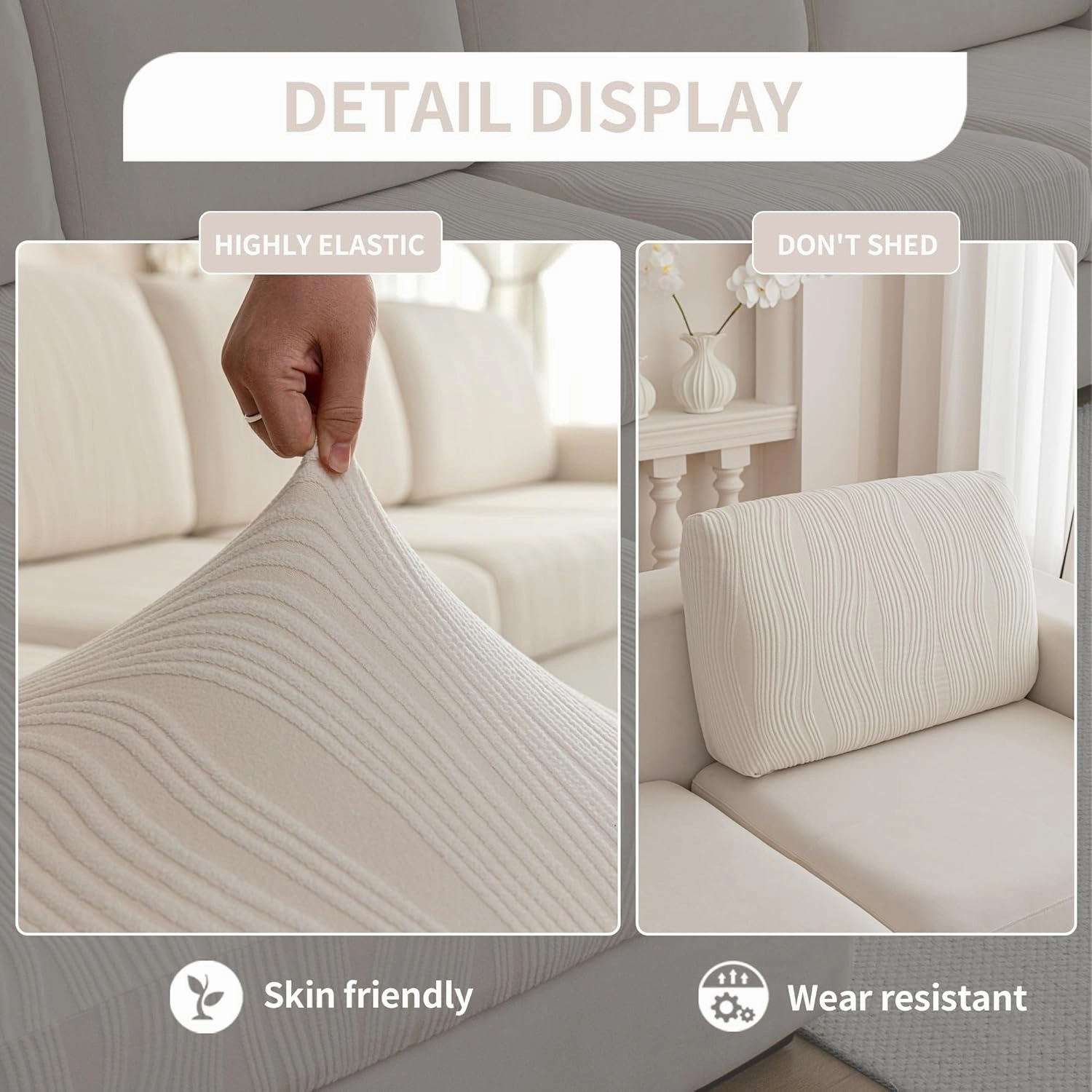 Couch Cushion Covers, Super Stretch Washable Sofa Slipcovers for L Shaped & Modular Seats, Pet-Friendly Furniture Protector with Stripe Design, (1PC Back Cover, Ivory)