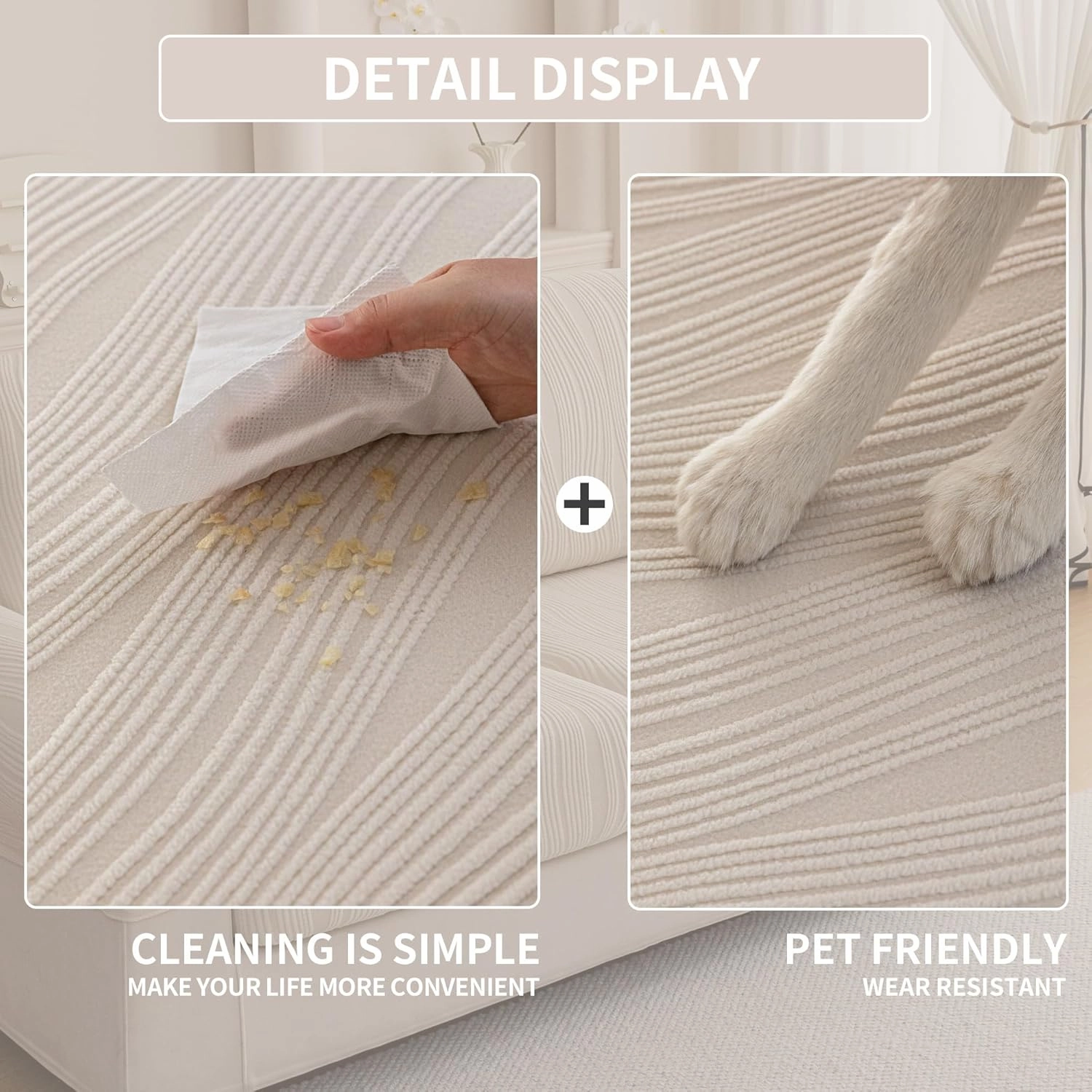Couch Cushion Covers, Super Stretch Washable Sofa Slipcovers for L Shaped & Modular Seats, Pet-Friendly Furniture Protector with Stripe Design, (1PC Back Cover, Ivory)