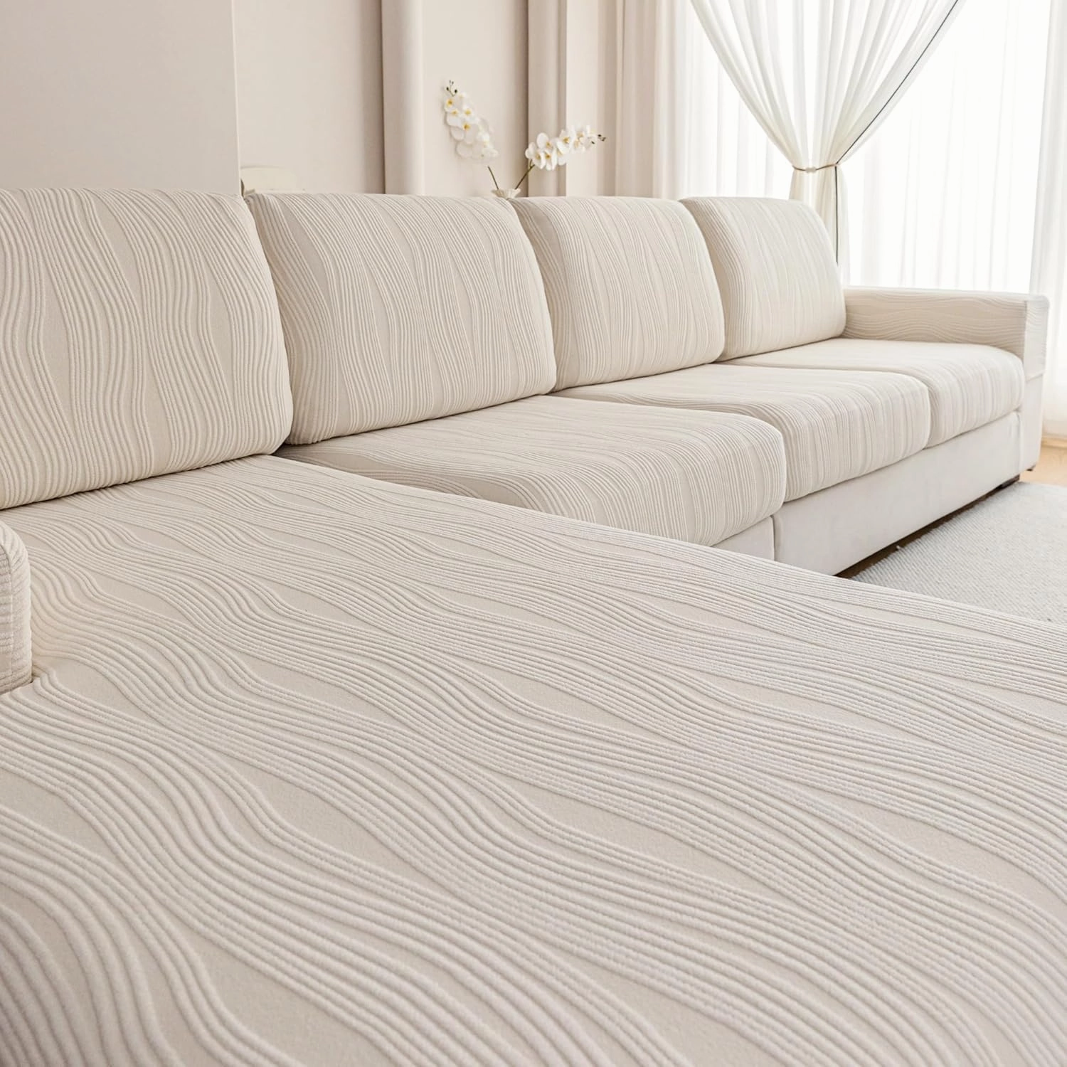 Couch Cushion Covers, Super Stretch Washable Sofa Slipcovers for L Shaped & Modular Seats, Pet-Friendly Furniture Protector with Stripe Design, (1PC Back Cover, Ivory)