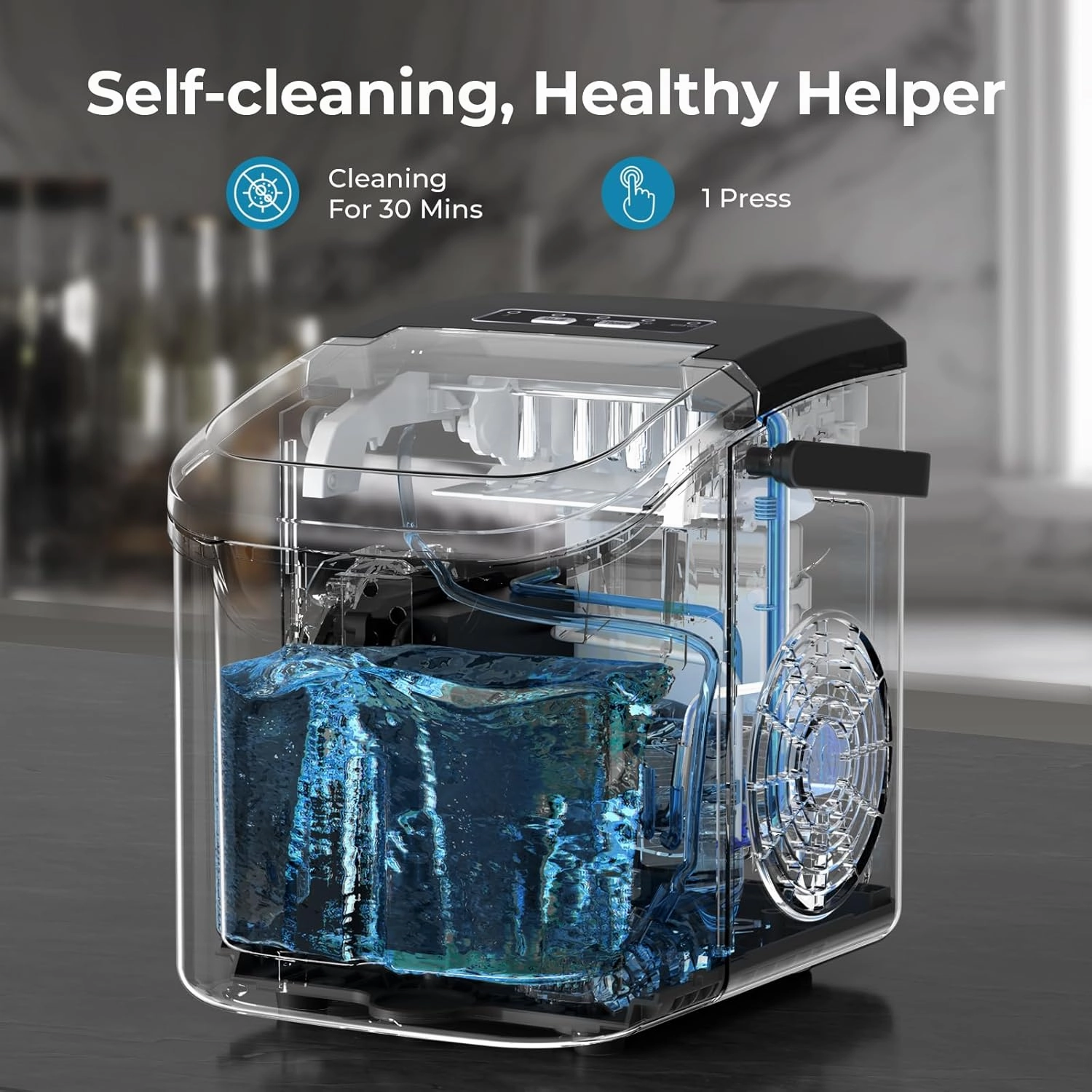 Countertop Ice Maker Machine, 8 Ice Cubes in 6 mins, 26lb/Day Ice with 2 Sizes- Portable Mini, Energy Saving & Basket/Scoop for Home/Party/Travel/Camping/Bar,Black