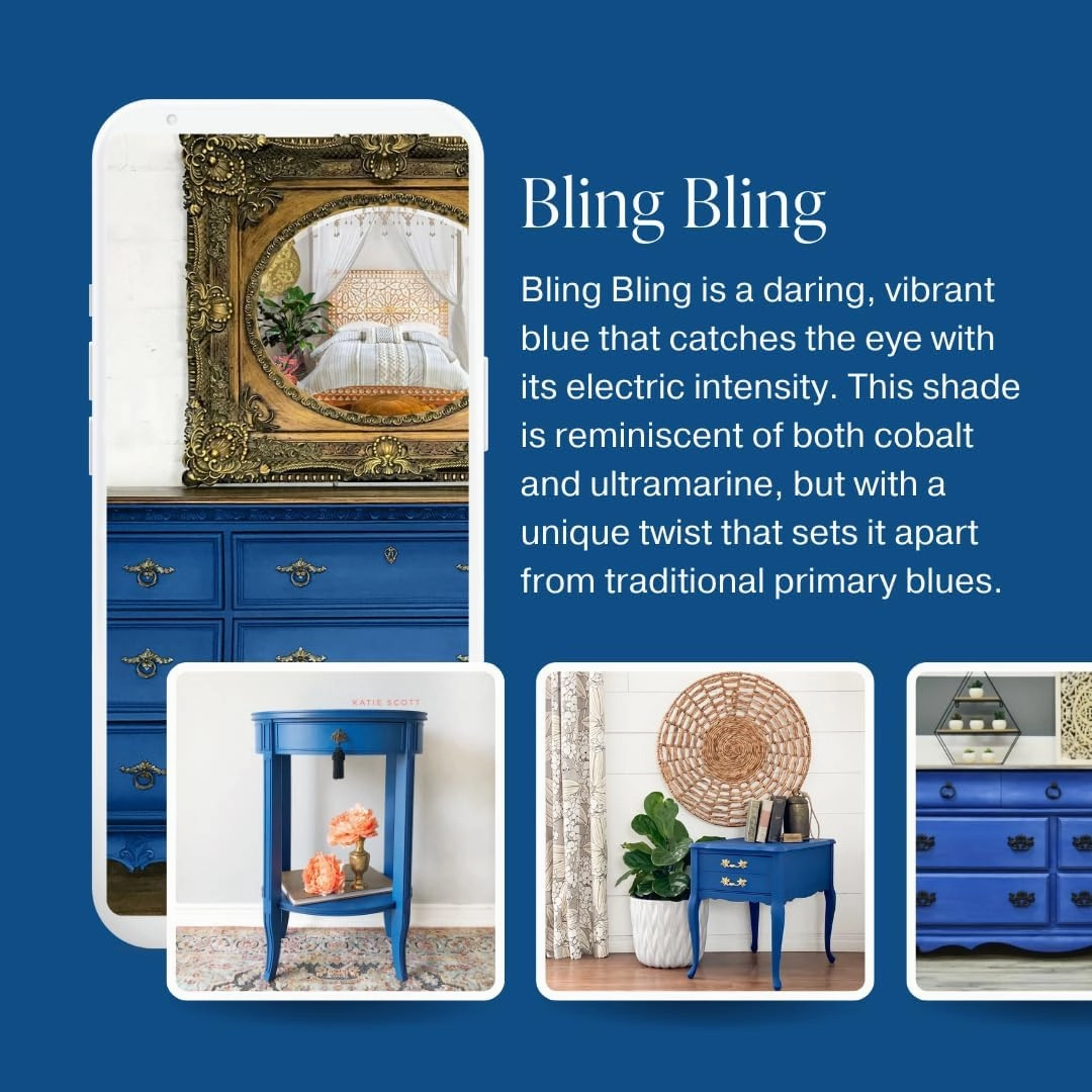 Country Chic All-in-One Chalk Paint for Furniture, Cabinets, Home Decor, Eco-Friendly, Matte Finish, Built-In Primer & Top Coat for Wood, Metal - Bling Bling (Royal Blue) - 8 oz (237 ml)