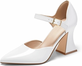 Coutgo Womens Chunky High Heels Closed Pointed Toe Ankle Strap Pumps Cute Dress Dance Shoes