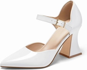Coutgo Womens Chunky High Heels Closed Pointed Toe Ankle Strap Pumps Cute Dress Dance Shoes