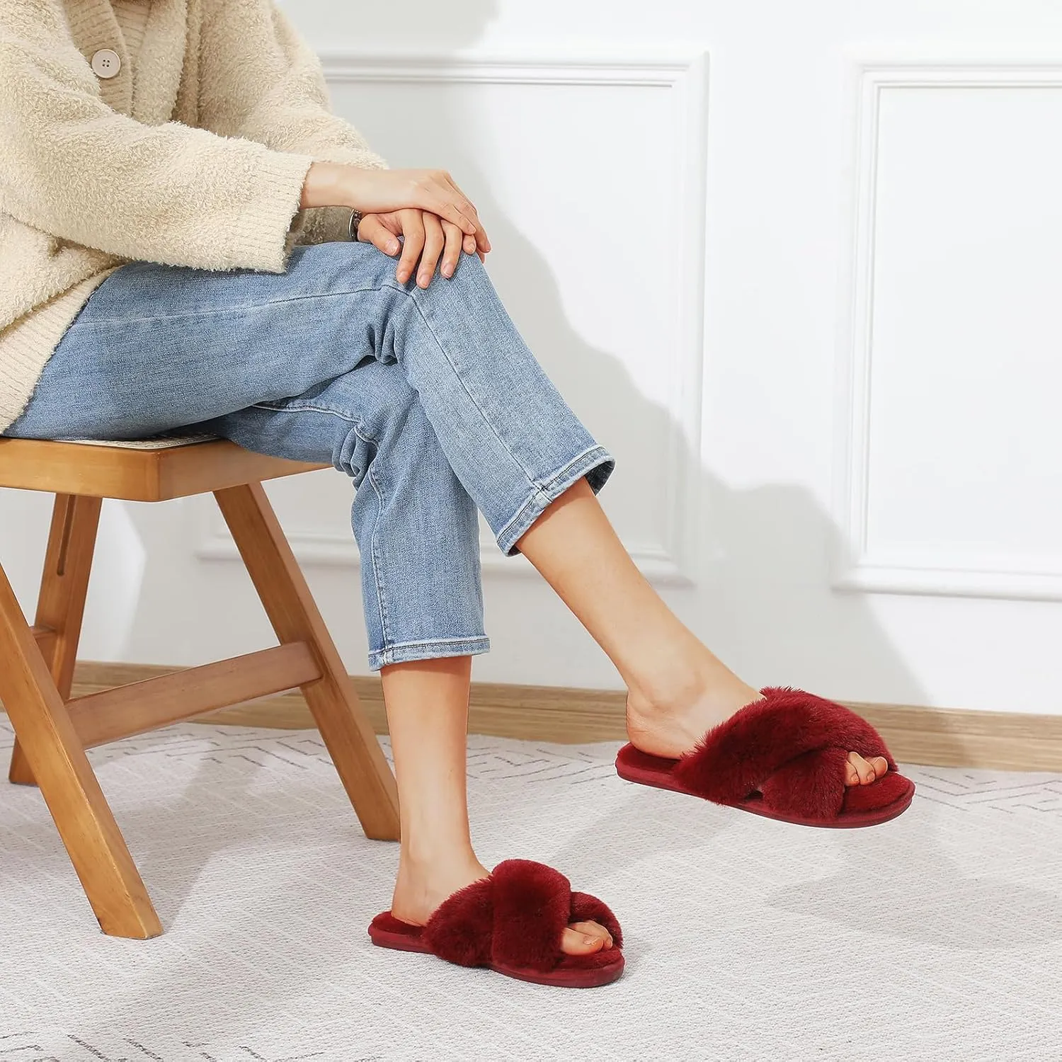 Cozyfurry Womens Cross Band Slippers Cozy Furry Fuzzy House Slippers Open Toe Fluffy Indoor Shoes Outdoor Slip on Warm Breathable Anti-skid Sole