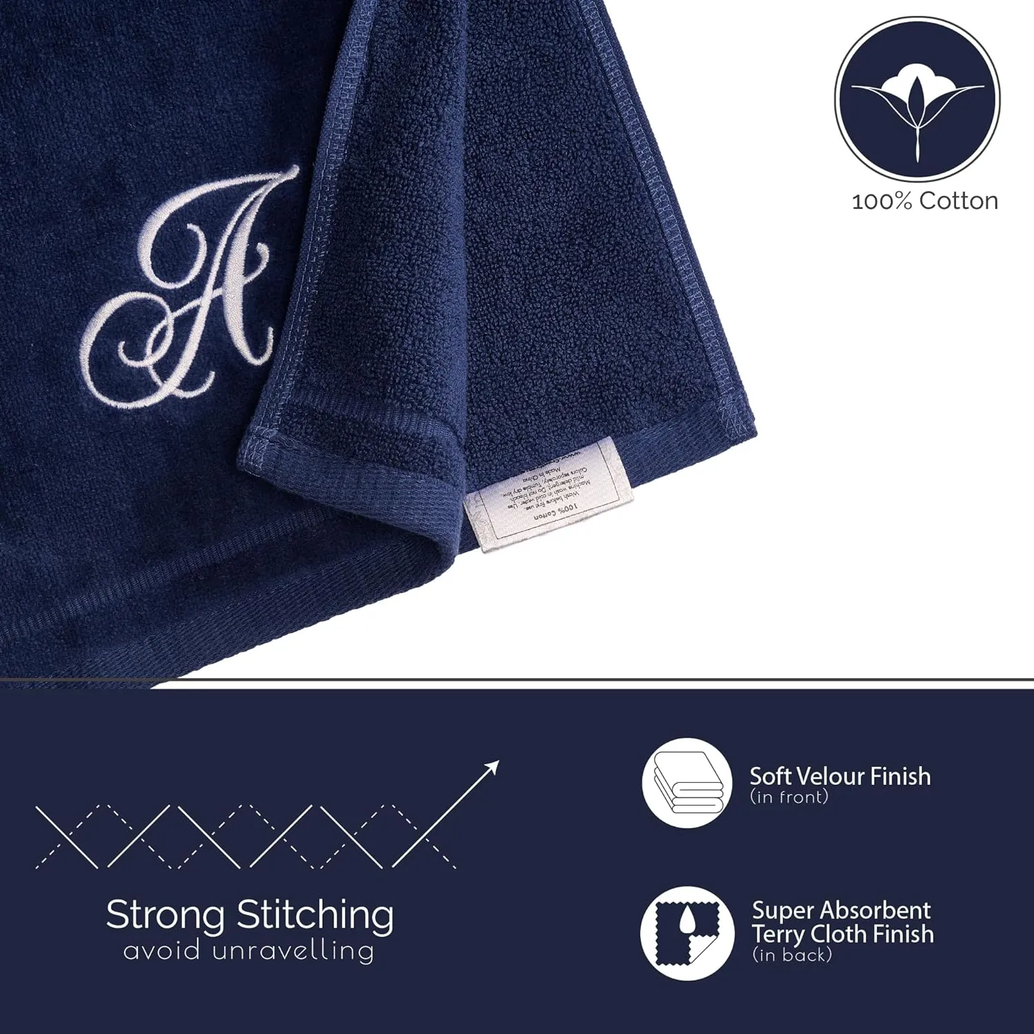 Creative Scents Navy Blue Monogrammed Towels with Initials - 4 Pack Super Absorbent Bathroom Fingertip Cotton Towel with Soft Velour Finish - Personalized Gifts for Freinds & Family 11"x18" Initial A