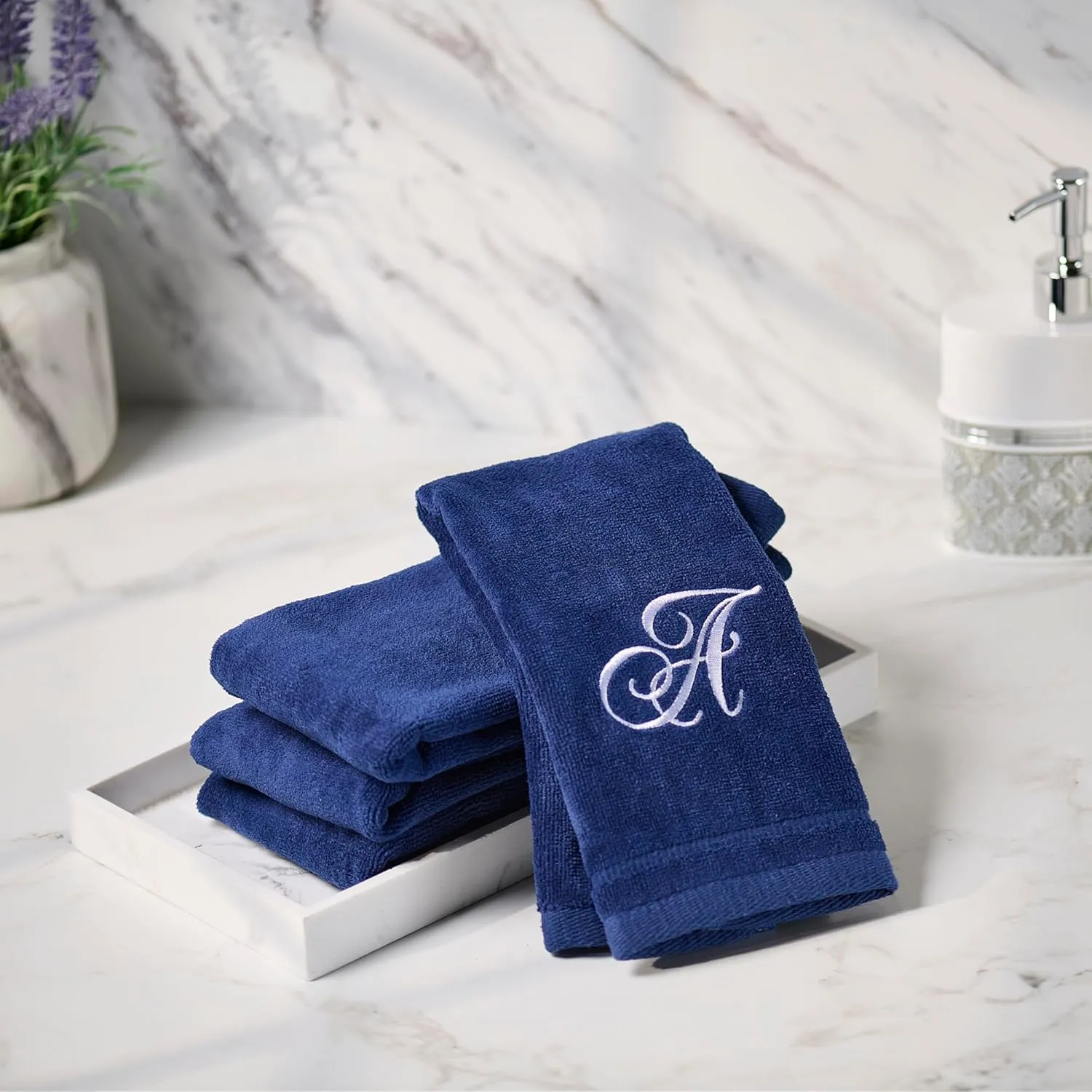 Creative Scents Navy Blue Monogrammed Towels with Initials - 4 Pack Super Absorbent Bathroom Fingertip Cotton Towel with Soft Velour Finish - Personalized Gifts for Freinds & Family 11"x18" Initial A