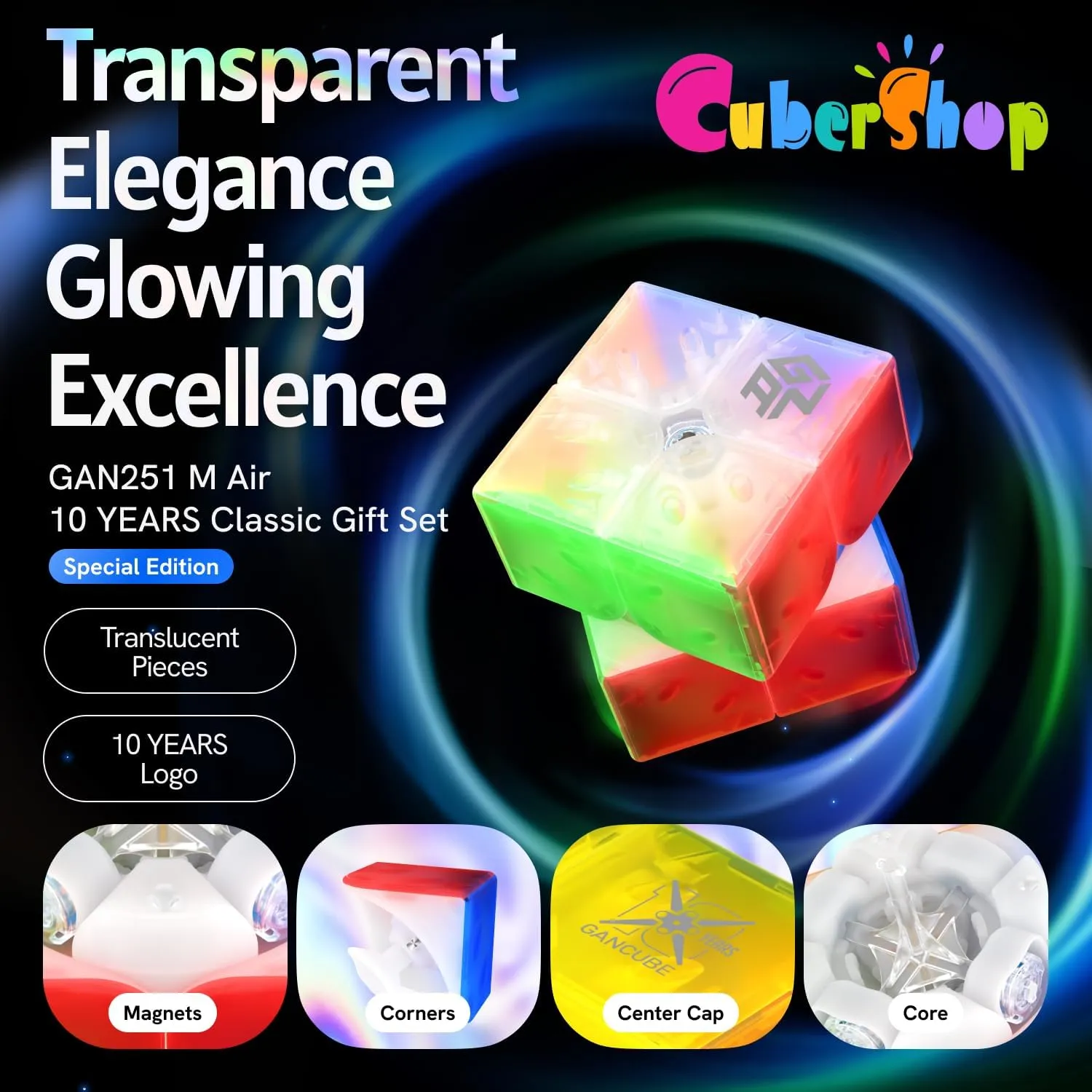CuberShop GAN 251 M Air (10th Anniversary Special Edition) 2x2 Magnetic Speed Cube, Gans 2025 Transparent Plastic 10 Anniversary, Smooth & Fast 2 by 2 Collectible, GAN 251M Air (Transparent UV Coated)