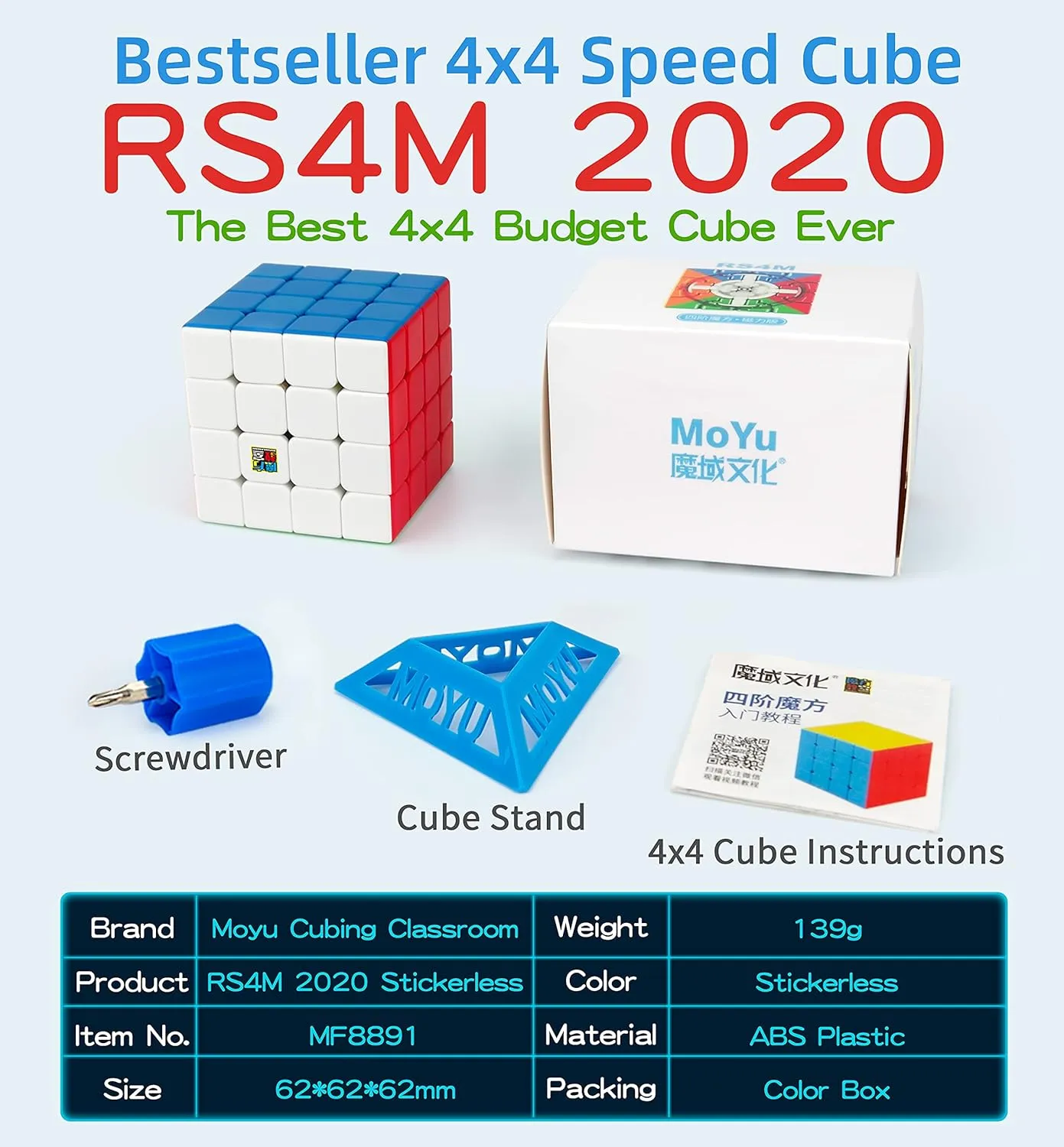 CuberShop Moyu RS4M 2020 Speed Cube, Cost-Effective Magnetic 4x4 Speed Cube Puzzles, MFJS Cubing Classroom 4 by 4 Stickerless Professional Speed Cube (RS 4M 2020 Stickerless) Budget Cube