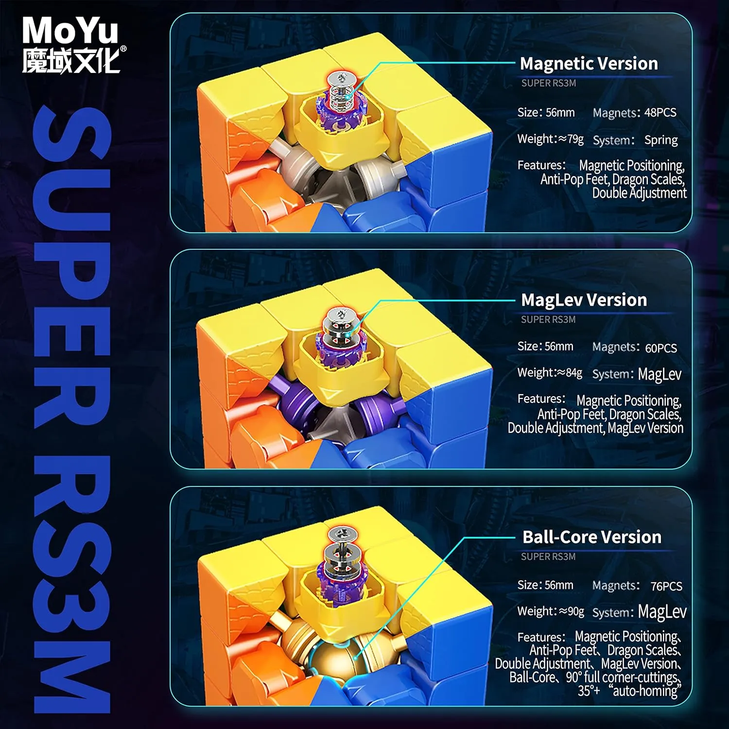 CuberShop Moyu Super RS3M 2022 3x3 Ball-Core Positioning Speed Cube, moyu RS3 M MagLev Professional 3x3 Stickerless Speed Cube, (Super RS 3M Series Ball-Core   MagLev Best Version)