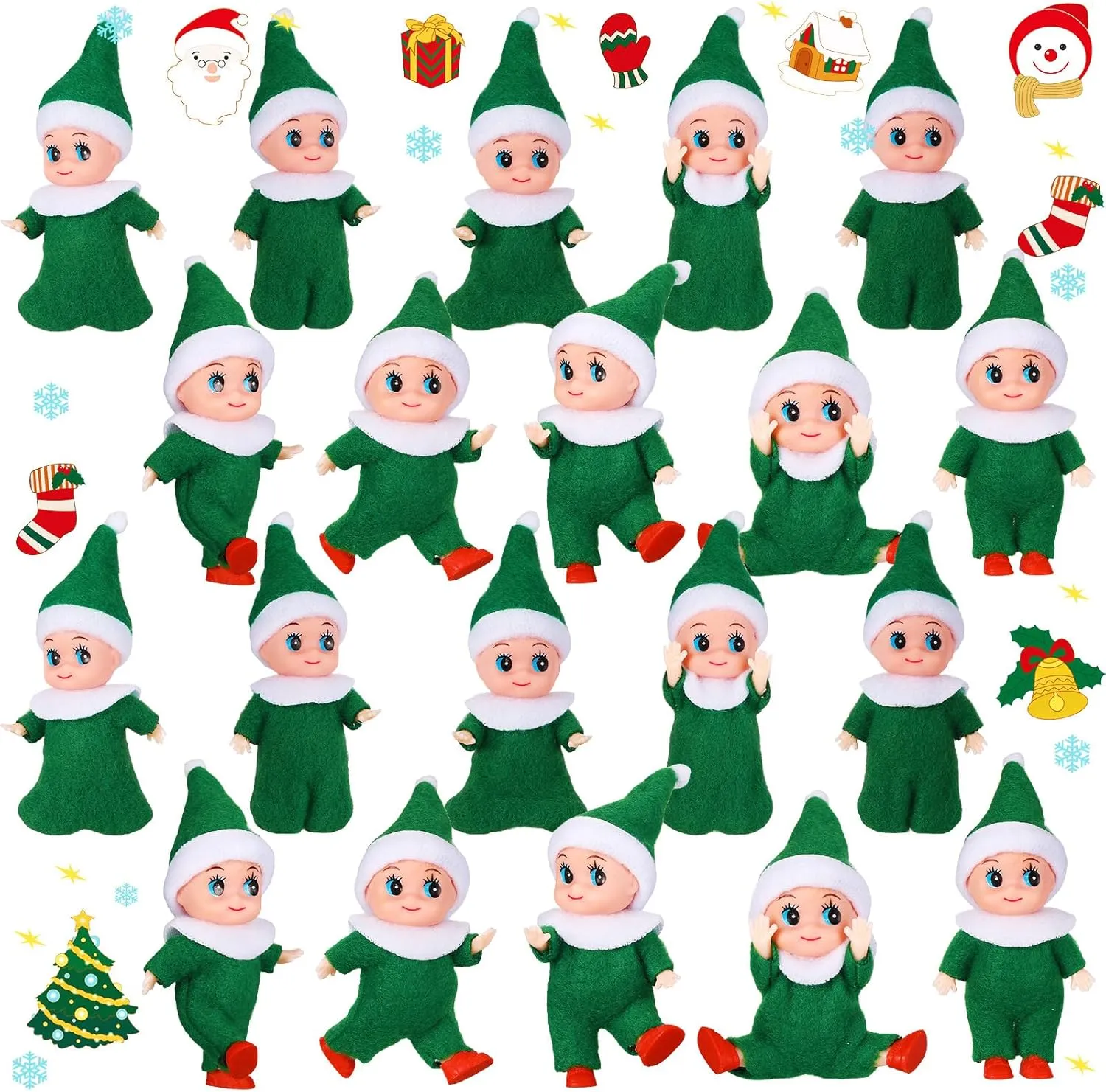 Cunno 20 Pcs Christmas Dolls Christmas Miniature Dolls with Clothes Plush Stuffed Stockings for Boy Girl Christmas Advent Calendar Decorations Accessories(Green)