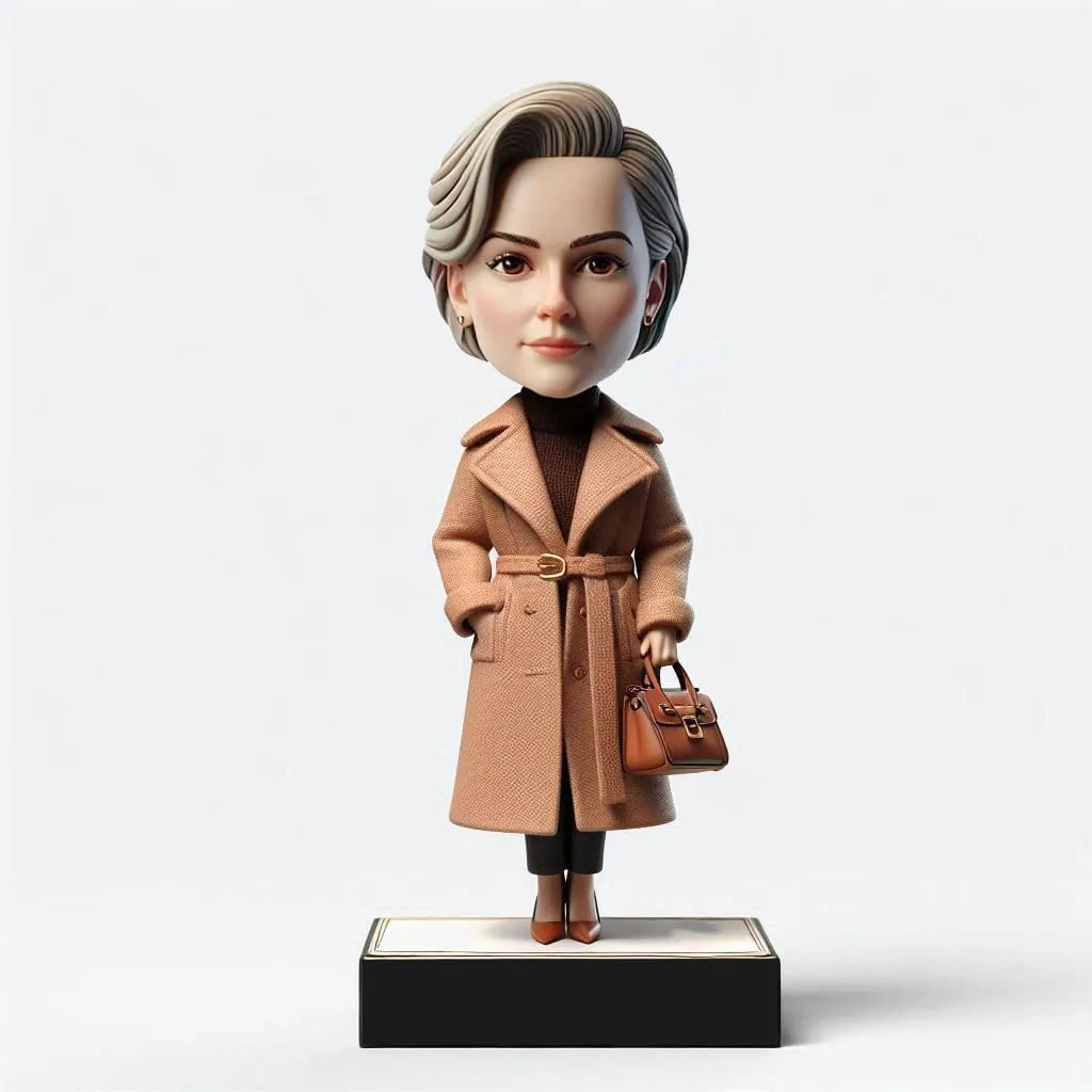 Custom Bobblehead - Mother’s Day Personalized Gifts for Charming Lady in Beige Trench Coat with Bag, Office Home Decor Souvenir Handmade Clay Collectibles Based on Your Photo