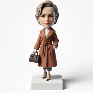 Custom Bobblehead - Mother’s Day Personalized Gifts for Stylish Lady in Beige Trench Coat with Bag, Office Home Decor Souvenir Handmade Clay Collectibles Based on Your Photo