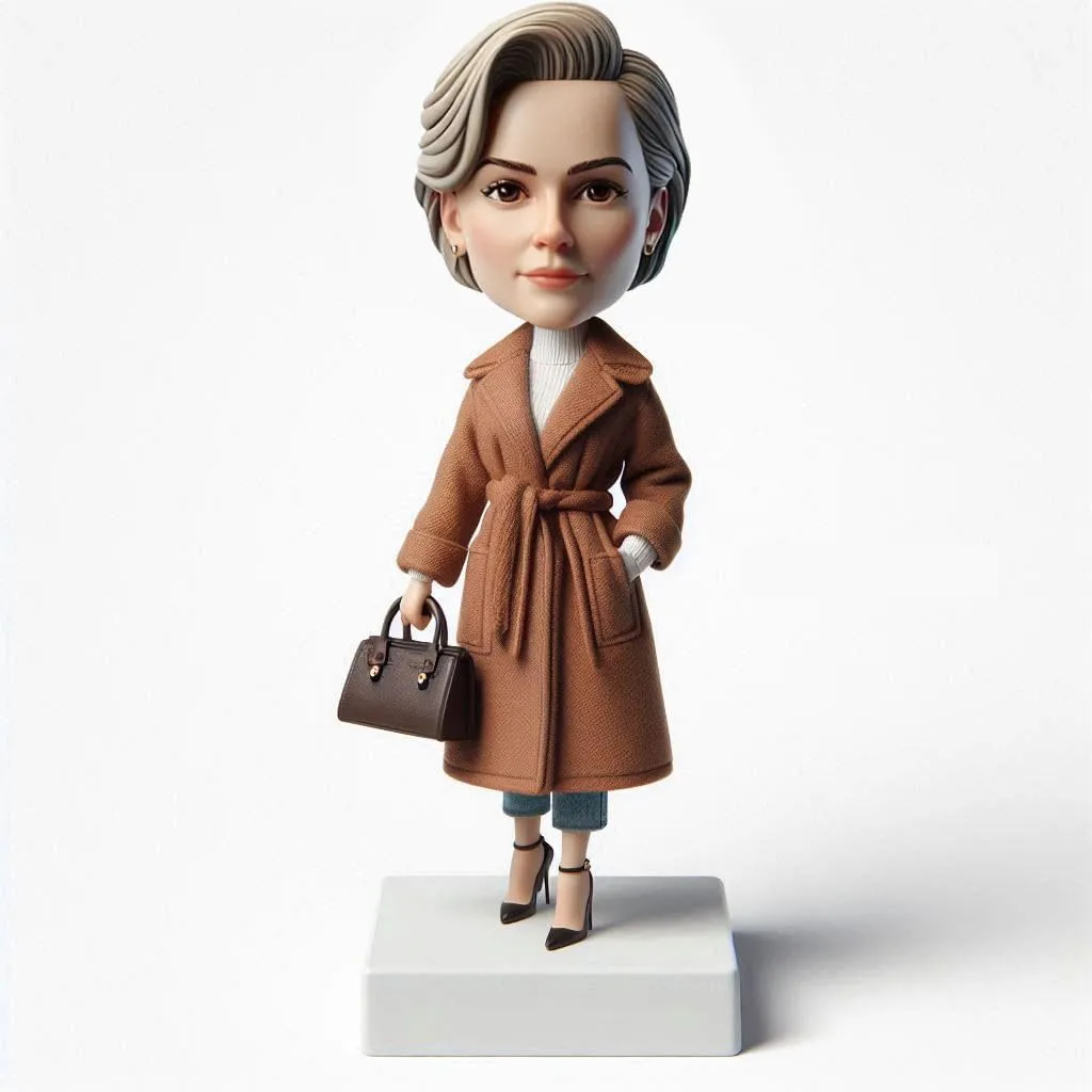 Custom Bobblehead - Mother’s Day Personalized Gifts for Stylish Lady in Beige Trench Coat with Bag, Office Home Decor Souvenir Handmade Clay Collectibles Based on Your Photo