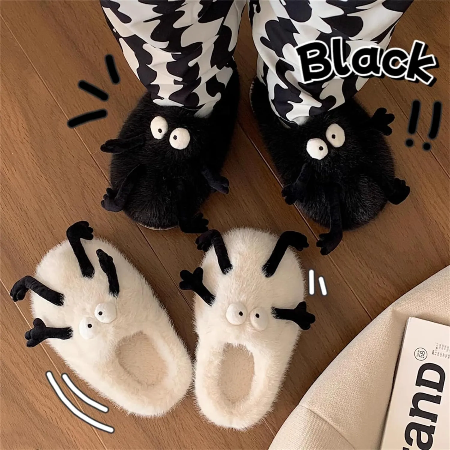 Cute Fluffy Slippers Big Eyes for Women Men, Furry House Shoes for Couples' Winter Warm