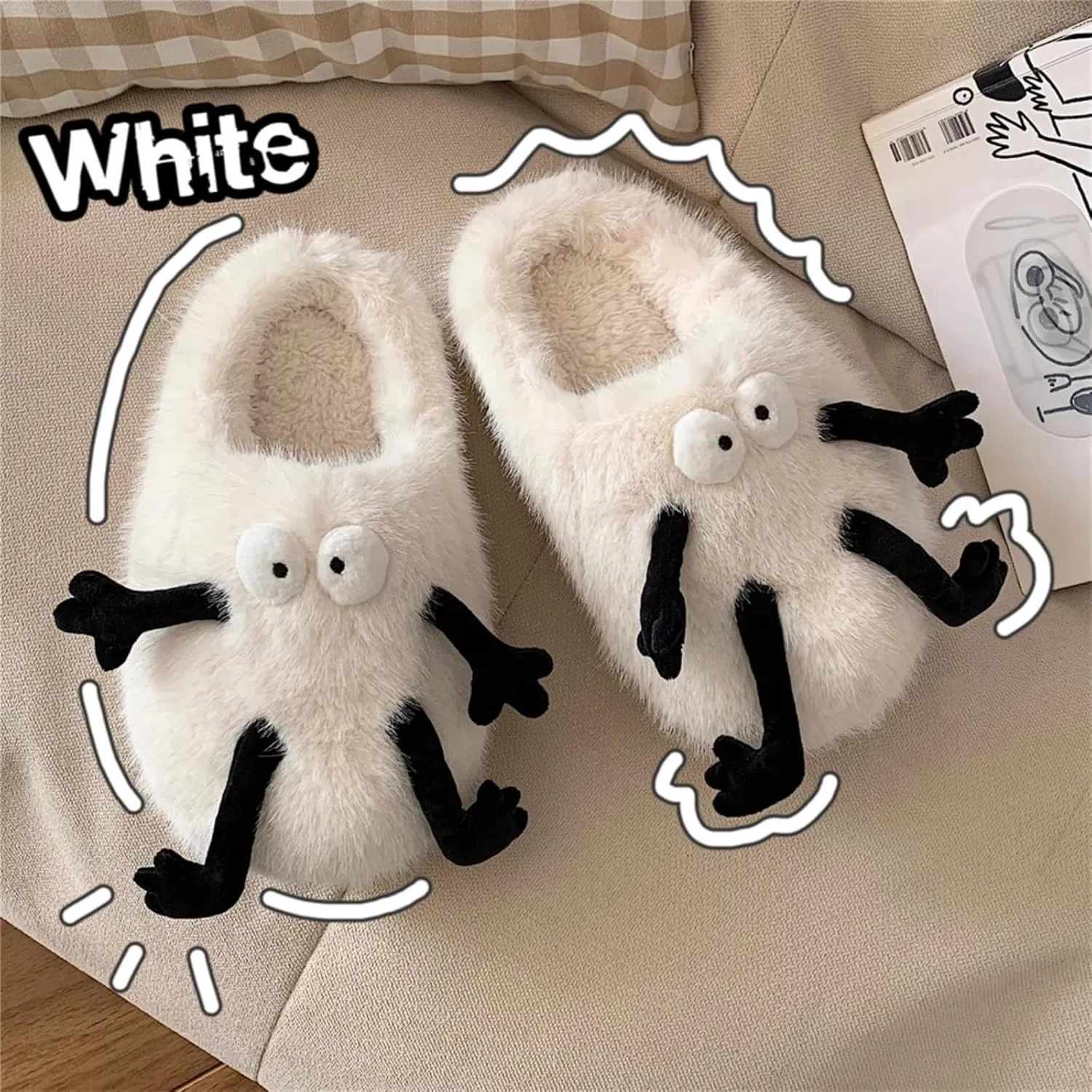 Cute Fluffy Slippers Big Eyes for Women Men, Furry House Shoes for Couples' Winter Warm