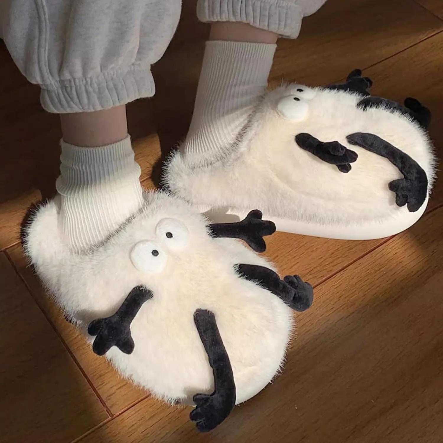 Cute Fluffy Slippers Big Eyes for Women Men, Furry House Shoes for Couples' Winter Warm