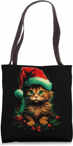 Cute Cat Holiday Xmas Portrayal: Vibrant Funny Cat Christmas Tote Bag