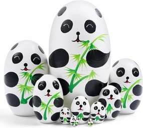 Cute Panda Nesting Dolls, Panda Bears Egg Shape Wooden Handmade Nesting Dolls Set 10 Pieces for Kids Boys Girls Birthday Home Room Decoration