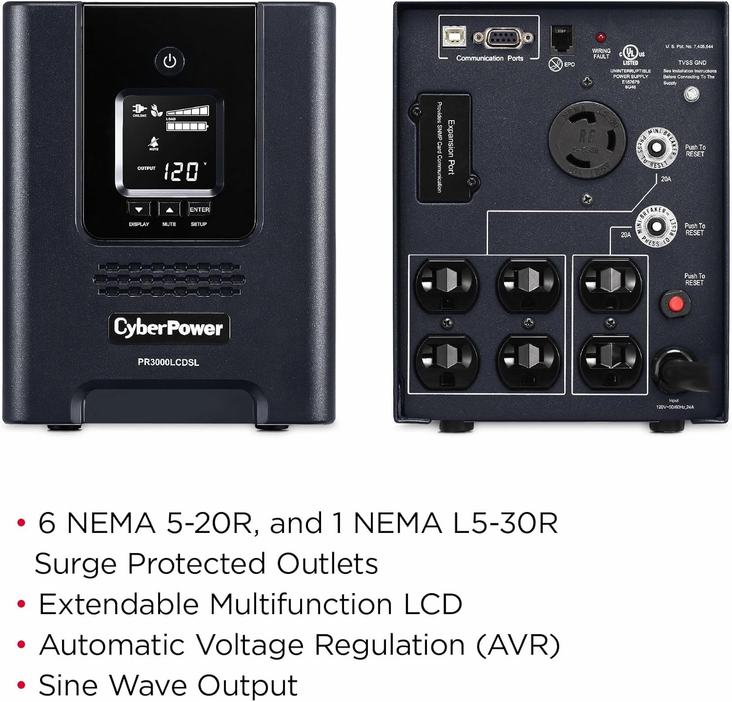 CyberPower PR3000LCDSL Smart App Sinewave UPS System, 3000VA/2700W, 7 Outlets, AVR, Mini-Tower