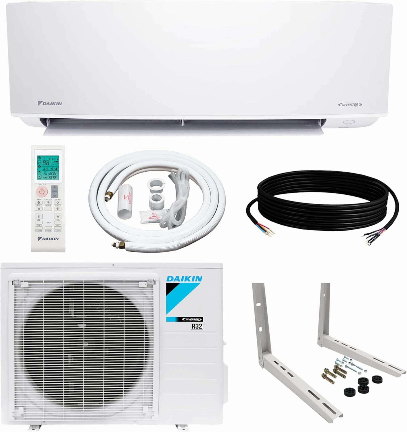 Daikin 12,000 BTU 18 SEER2 Entra R32 Series Ductless Mini Split Heat Pump System w/Maxwell All-Inclusive 25’ Installation Kit and Wall Mounting Bracket (230V), White, RXC12 FTXC12 IKM1438 WAFP24