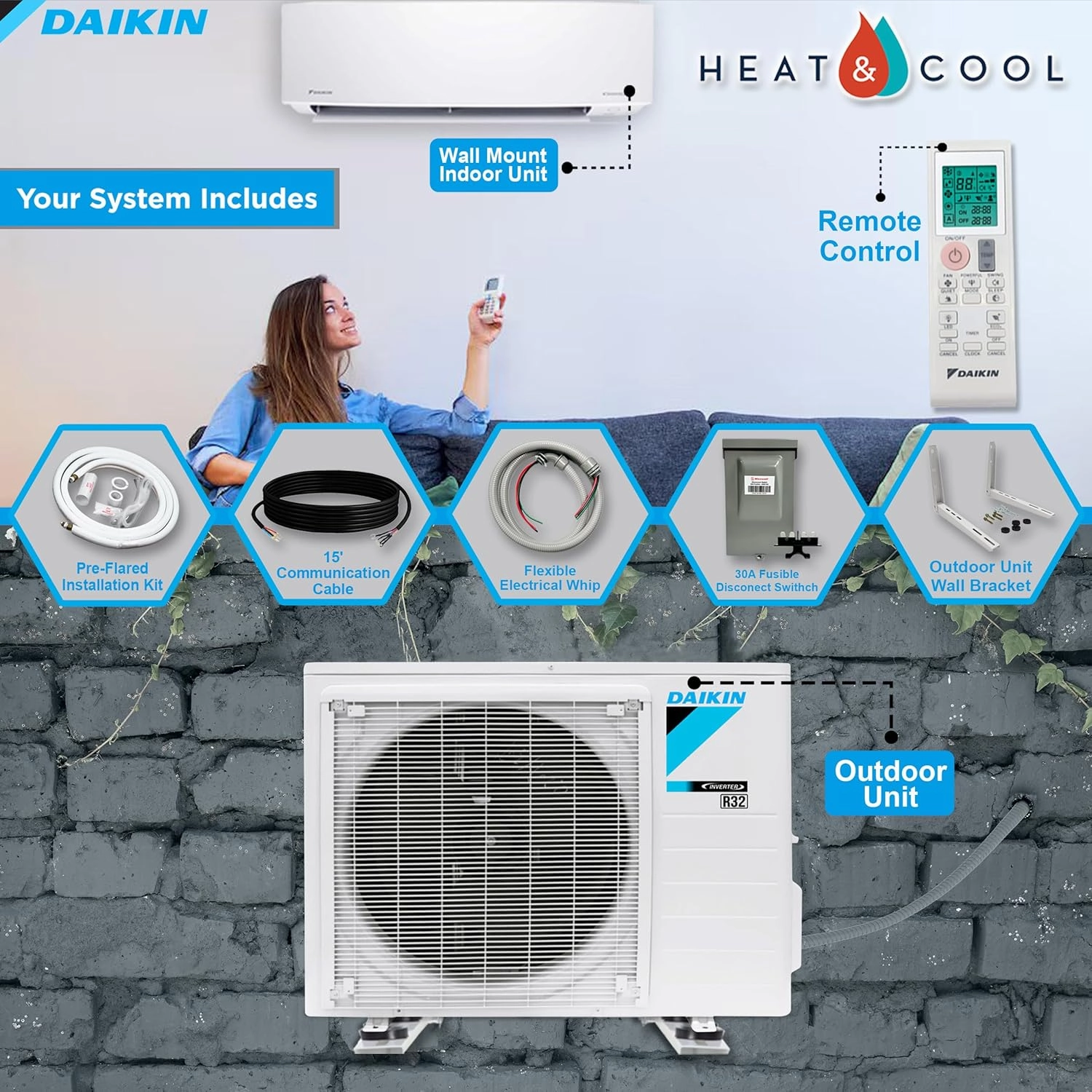 Daikin 24,000 Btu 18 SEER2 Ductless Mini-Split Wall Mount Heat Pump Air Conditioner - R32 w/ 15' Installation Kit, 1/2 Whip, 30A Disconnect, and Wall Bracket