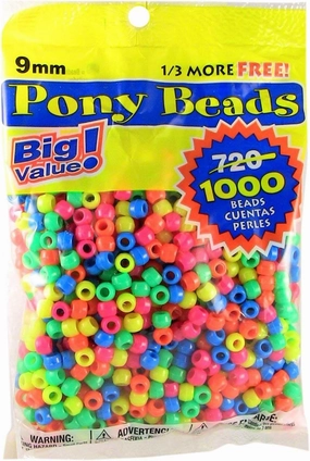 Darice Assorted Neon Pony Beads – Great Craft Projects for All Ages – Bead Jewelry, Ornaments, Key Chains, Hair Beading – Round Plastic Bead With Center Hole, 9mm Diameter, 1,000 Beads Per Bag