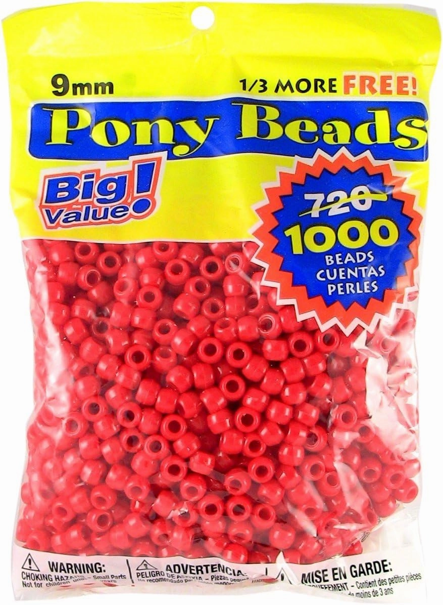 Darice Red Opaque Pony Craft Projects for All Ages Jewelry, Ornaments, Key Chains, Hair Round Plastic Center Hole, 9mm Diameter, 1,000 Per Bag, 1000 Beads, Count