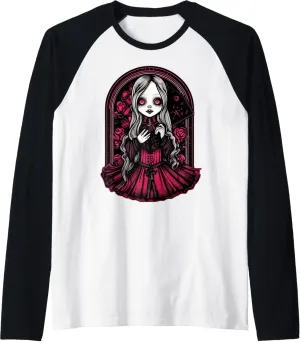 Dark Gothic Chibi Style Doll Surrounded by Roses Raglan Baseball Tee