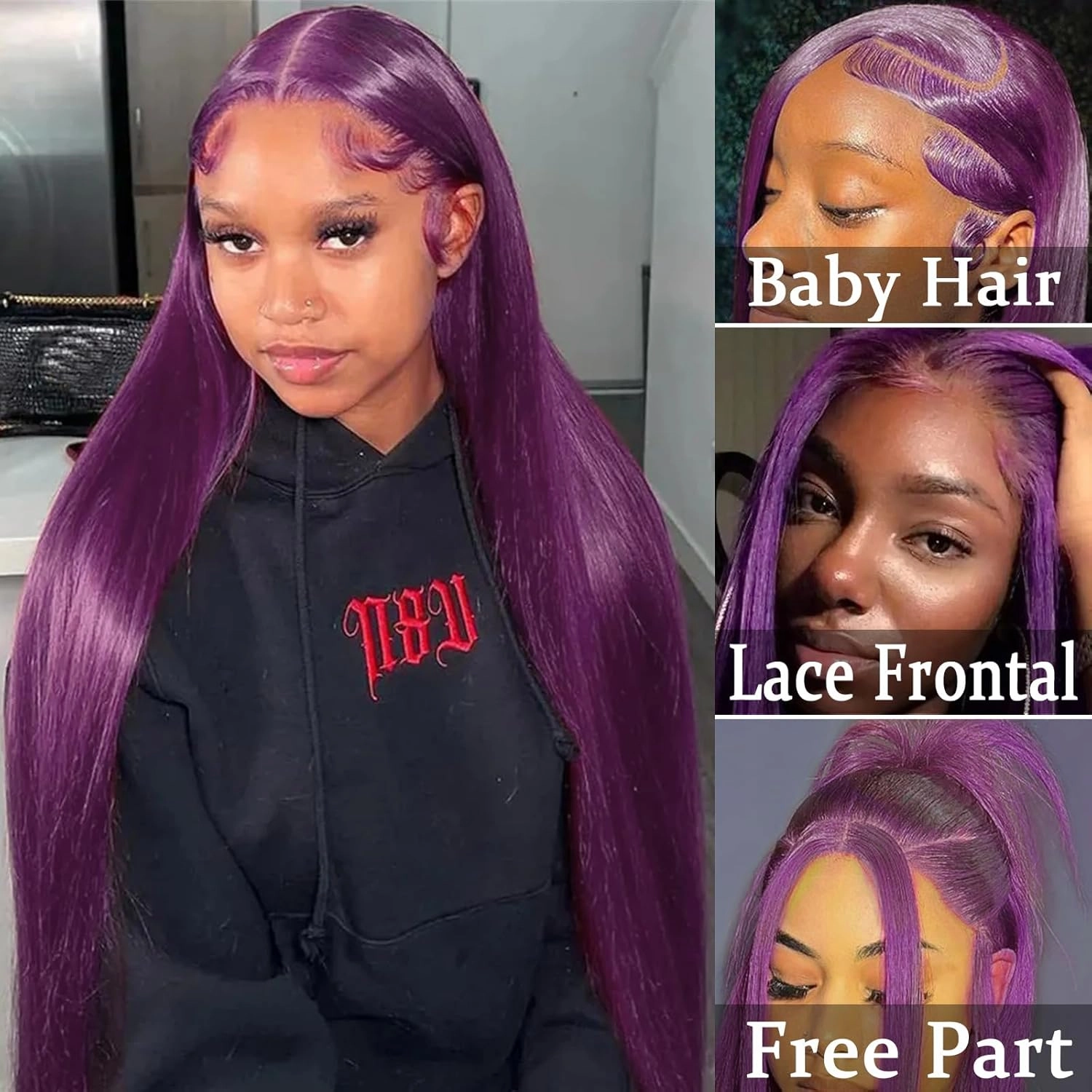 Dark Purple Lace Front Wigs Human Hair 13x4 Straight Deep Purple Lace Frontal Human Hair Glueless Wigs Pre Plucked with Baby Hair 150% Density 20 Inch