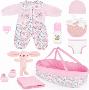 deAO Baby Doll Accessories Baby Doll Clothes with Bassinet for 12-18 Inch Baby Dolls Includes Carrier Bassinet Bed, Doll Clothes, Blanket,Diapers Pretend Play Set Toys for Kids Girls Boys