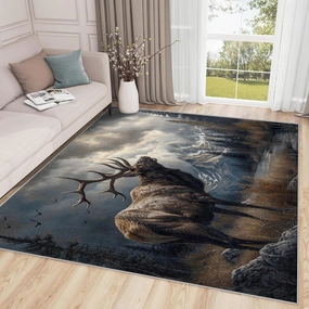 Deer Rugs for Living Room 5x7-3x4 Rug - Deer Rug - Cabin Animal Wildlife Area Rug - Forest Mountain Landscape Rugs - Nature Scenic Carpet - Home Decor