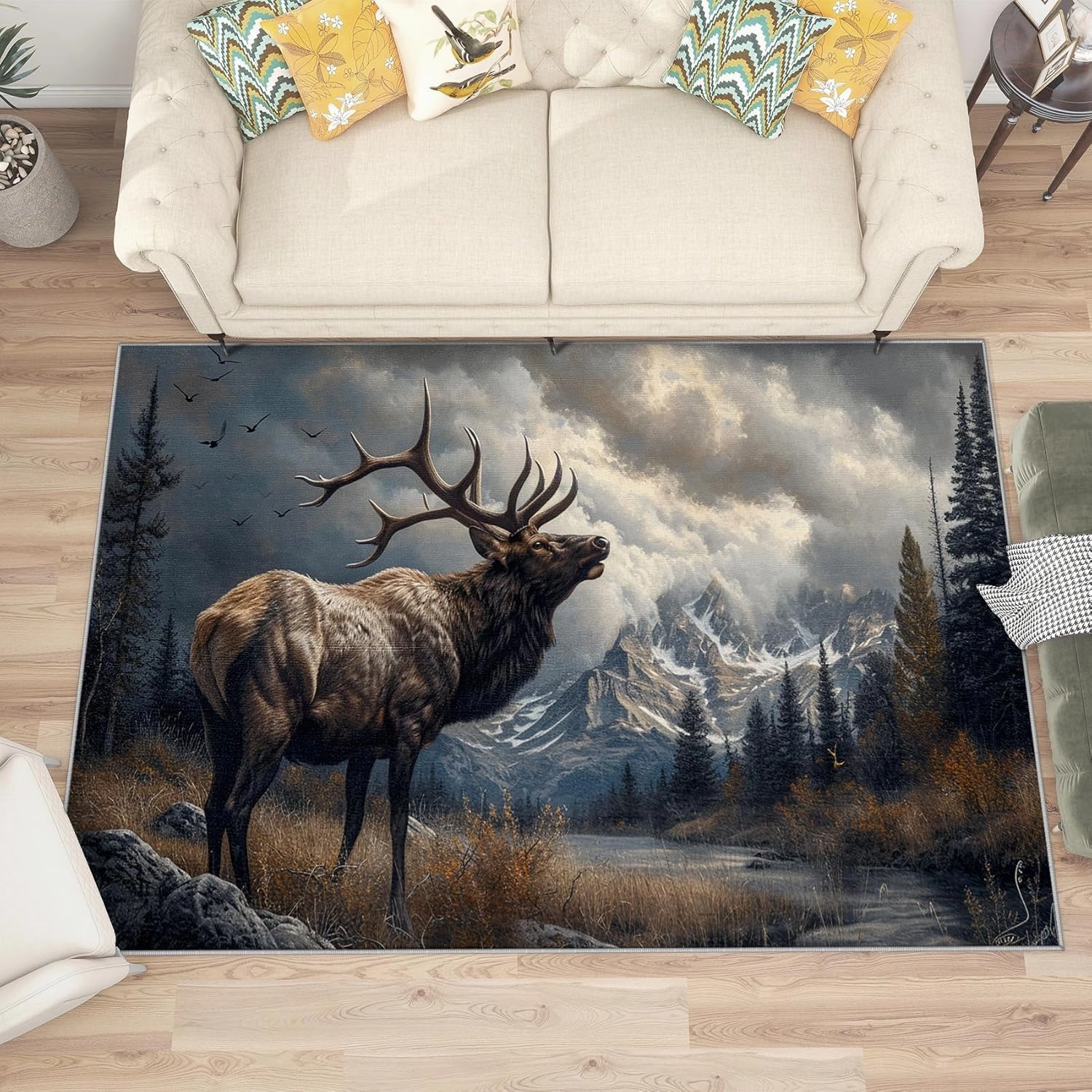Deer Rugs for Living Room 5x7-3x4 Rug - Deer Rug - Cabin Animal Wildlife Area Rug - Forest Mountain Landscape Rugs - Nature Scenic Carpet - Home Decor