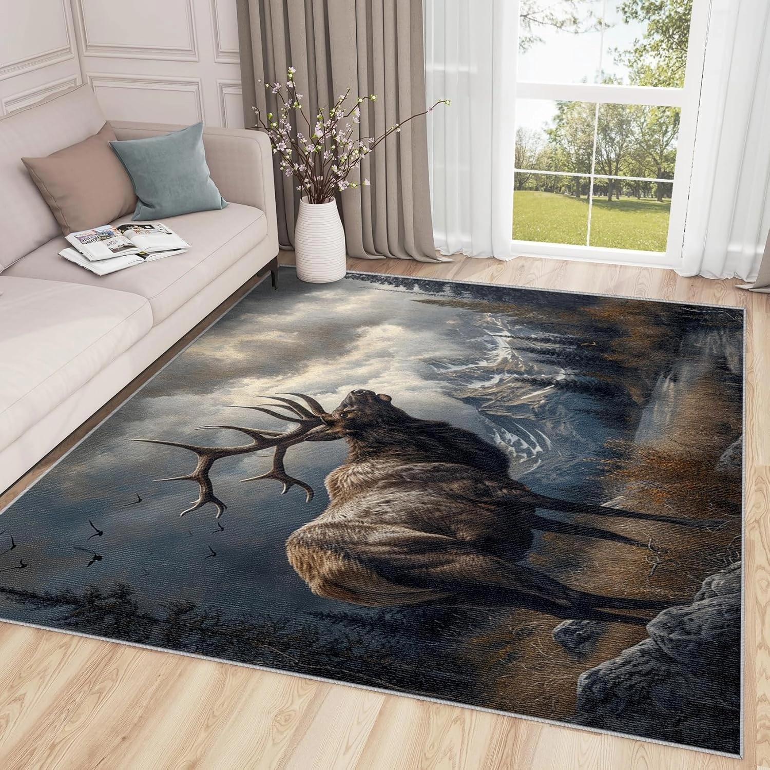 Deer Rugs for Living Room 5x7-3x4 Rug - Deer Rug - Cabin Animal Wildlife Area Rug - Forest Mountain Landscape Rugs - Nature Scenic Carpet - Home Decor