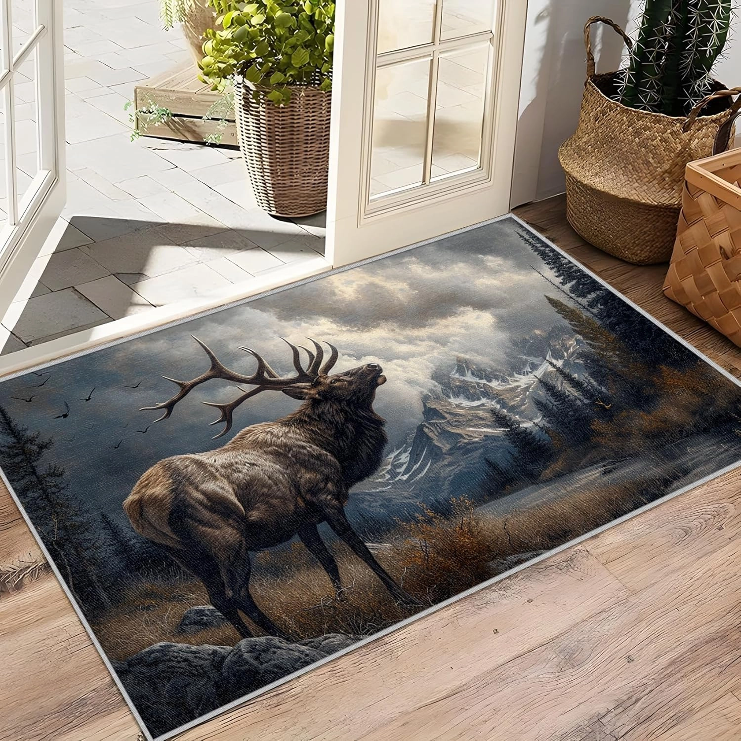 Deer Rugs for Living Room 5x7-3x4 Rug - Deer Rug - Cabin Animal Wildlife Area Rug - Forest Mountain Landscape Rugs - Nature Scenic Carpet - Home Decor