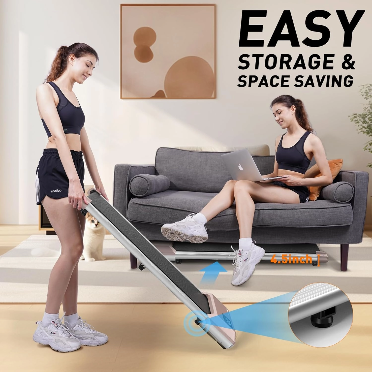 DeerRun Walking Pad, 2024 Upgrade Smart Under Desk Treadmill, 2.2HP Small Quiet Portable Treadmill, Walking Treadmill Under Desk, APP & Remote Control, Knee-Protective, No-Assembly