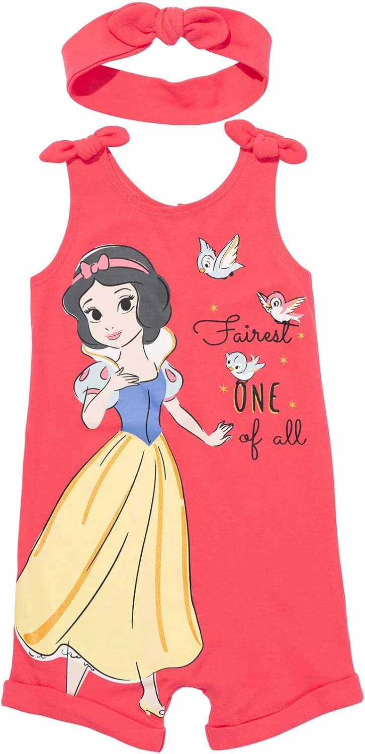 Disney Princess Rapunzel Ariel Belle Jasmine Aurora Baby Girls Snap Romper and Headband Newborn to Toddler